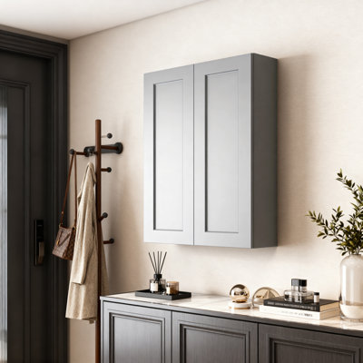 Armoire murale, 1 pièce, l 30 po x P 12 po x H 42 po, bois massif, gris foncé, avec 2 portes et 3 tablettes