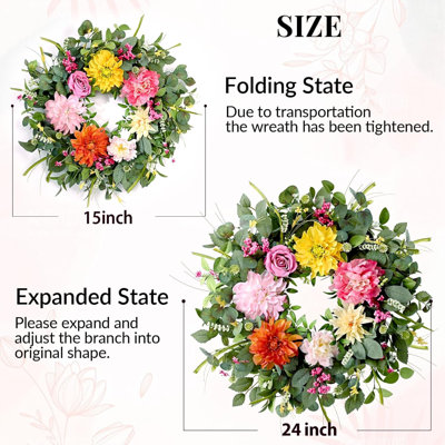Couronnes de printemps pour la porte d'entrée à l'extérieur, couronnes de Pâques de 24 po, grande couronne de porte d'entrée avec pivoine, dahlia, fleur rose, feuilles d'eucalyptus vert, ferme, porche, décoration intérieure