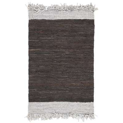 Exley Hand Woven Leather/Cotton Solid Color Rug in Grey/Dark Brown