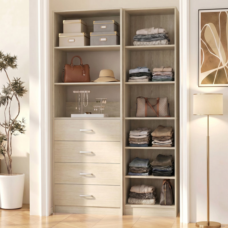 Système de placard avec tablettes ouvertes, Chêne blanchi
