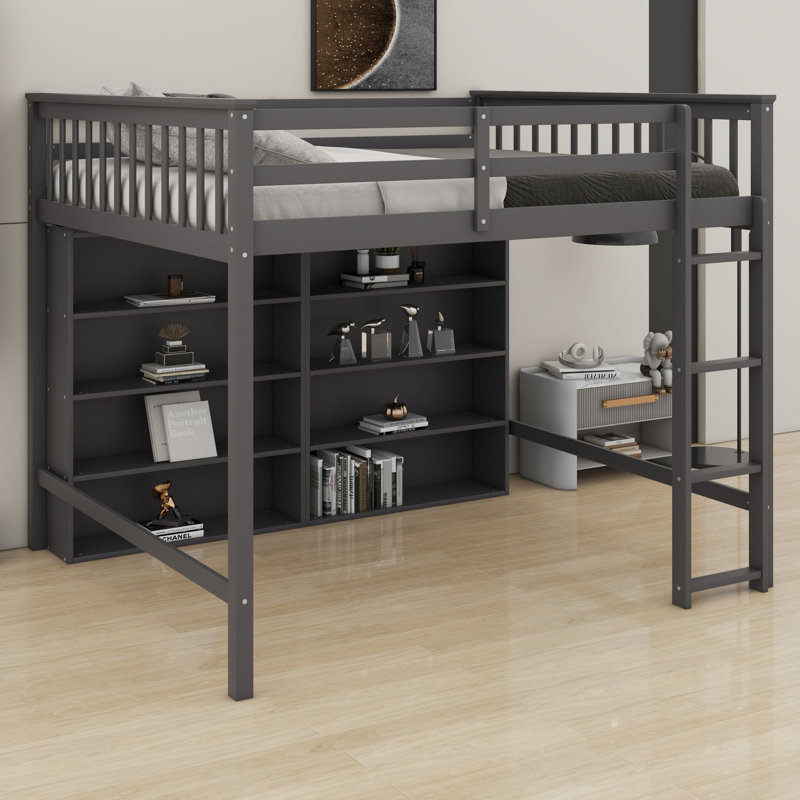 Lit mezzanine avec 8 tablettes de rangement ouvertes et échelle intégrée, Gris antique