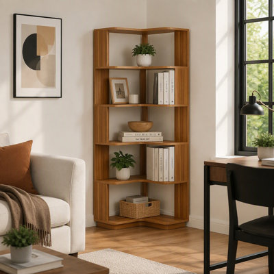 Bibliothèque de coin autoportante à angle droit 90 ° de style industriel, support de rangement à 6 niveaux, panneaux anti-chute, tablettes robustes d'une capacité de 60 lb pour le bureau de la chambre à coucher