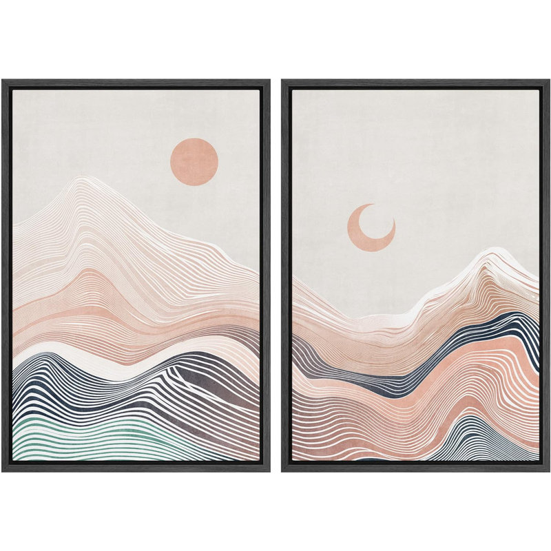 "Mountain Range Moon Sun", nature abstraite, encadrée sur toile, 2 pièces, Noir, H 24 po x l 32 po x P 1,5 po