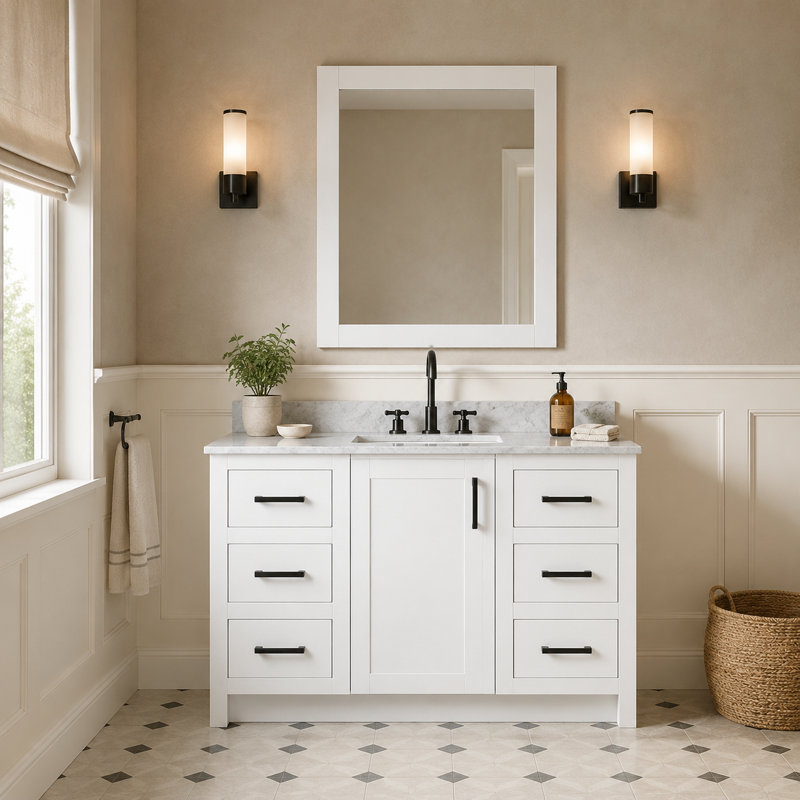 48'' Single Bathroom Vanity with Marble Top, Matte Black, White