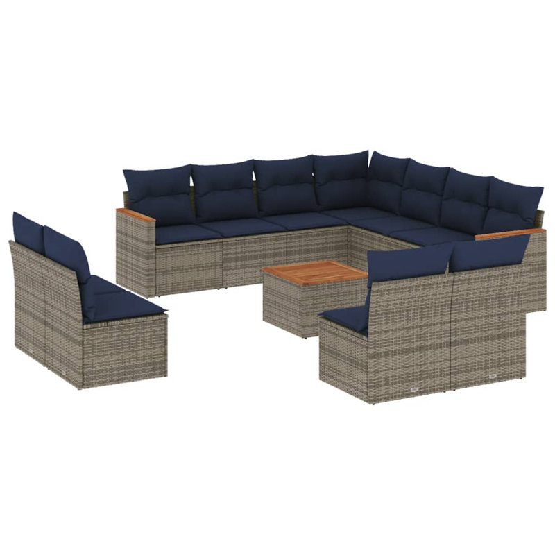 Ensemble de canapé de patio 12 pièces avec coussins en rotin de polyester, Marine, Gris