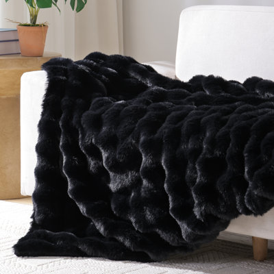 Faux Fur Throw Blanket for Couch – Black Fluffy Cozy Rabbit Fleece, Plush Soft Bubble Blanket for Sofa & Bed, Warm Fuzzy Home Room Decor Throw 60" x 80"