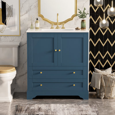 Meuble-lavabo de salle de bain avec lavabo en céramique, armoire de rangement autoportante moderne avec poignées, portes à fermeture douce