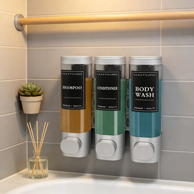 3-Chamber Wall Mount Shower Dispenser ,No-Drill Adhesive or Drill Mount - Refillable Shampoo, Conditioner & Body Wash Dispenser,(Silver)