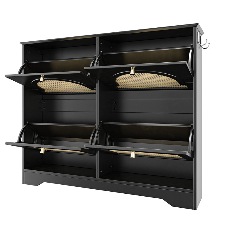 Mid - Century Black Shoe Cabinet With 4 Flip Drawers And 2 Hooks, Freestanding For Hallway, Ventilated To Keep Fresh, Reliable Rack Build