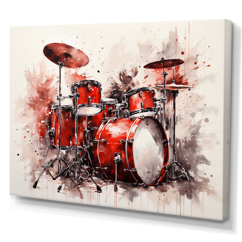 Music Drums Pulse Deep Red - Impressions encadrées musicales, Toile tendue, H 34 po x l 44 po x P 1,5 po