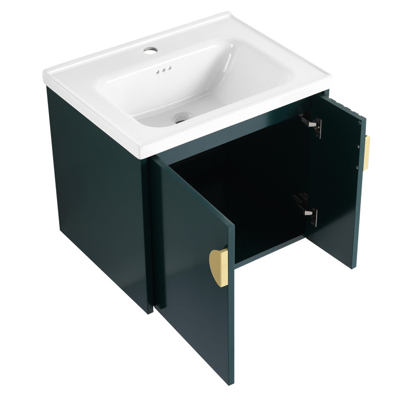 Meuble-lavabo de 24 po avec lavabo en céramique, fixation murale pour petite salle de bain, portes de style moderne à fermeture en douceur, poignées de porte et en métal