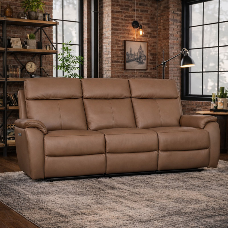 Windsor Powerglide Power Recliner Real Leather Sofa With USB Charging, Tan, 3