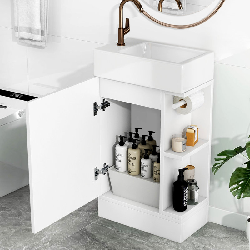 Meuble-lavabo avec lavabo en céramique, meuble-lavabo avec tablette à deux niveaux, Blanc
