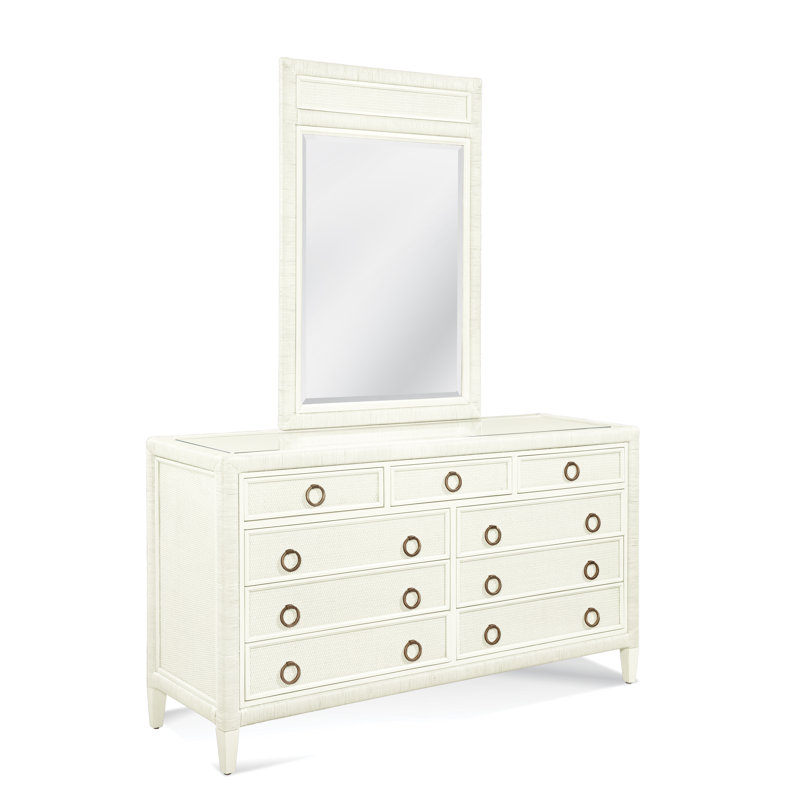 Commode 9 tiroirs avec miroir Warwick, Blanc antique givré