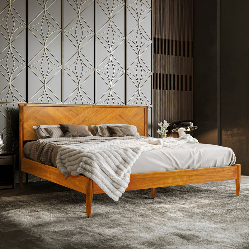 Panthera Solid Wood Bed Frame with Artistic Patterned Headboard, Caramel, Queen