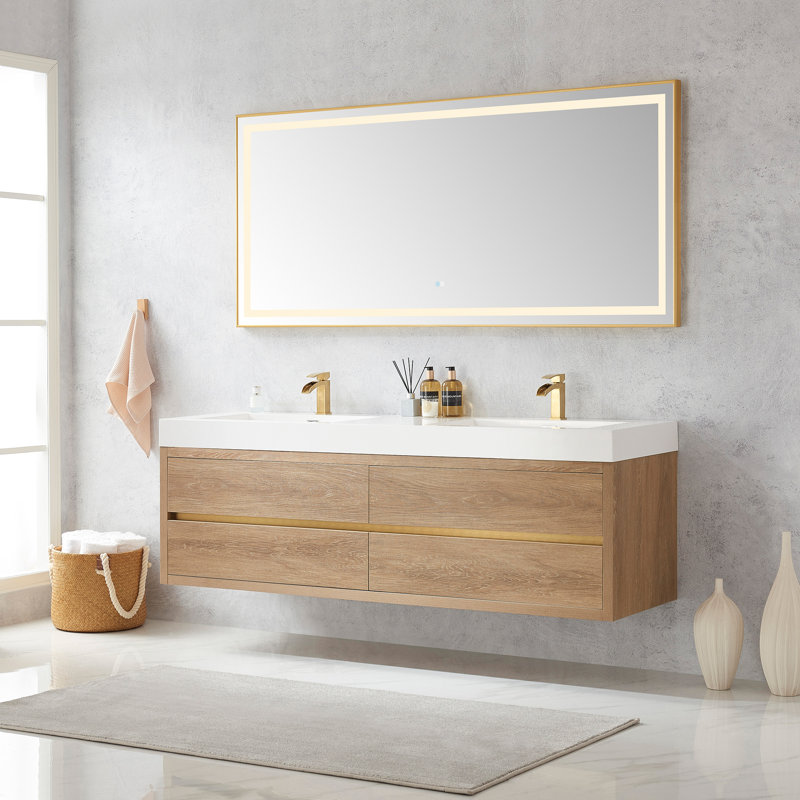 71.7'' Double Bathroom Vanity with Composite Top, White, North American Oak Finish