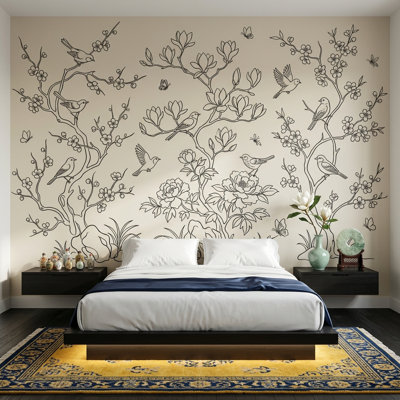 Décoration murale amovible à motif floral Branches d'oiseaux et de fleurs