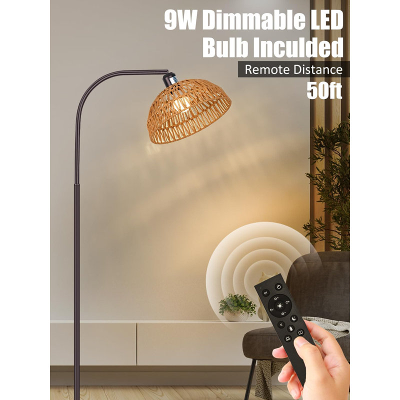 Boho Floor Lamp With Remote- Bronze Floor Lamps With Stepless Dimmable Bulb, Remote Control, Hand-Worked Adjustable Rattan Lamp Shades, Rattan Standing Lamp For Living Room, Bedroom, Office