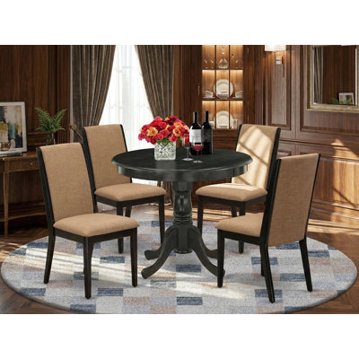 Ensemble de table de salle à manger moderne 5 pièces comprenant une table de cuisine ronde avec piédestal et 4 chaises rembourrées en tissu de lin sable clair, 36 x 36 po, noir brossé