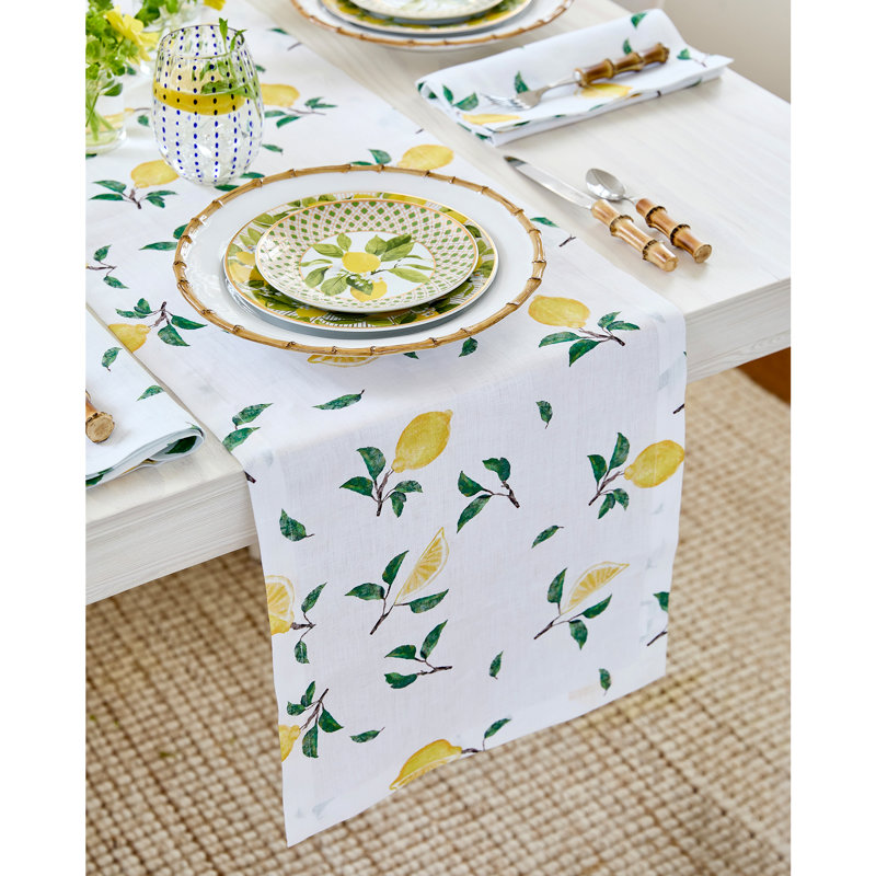 Botanical Lemon - 100% Pure Linen Table Runner, 48" x 14", Botanical Lemon/Off White