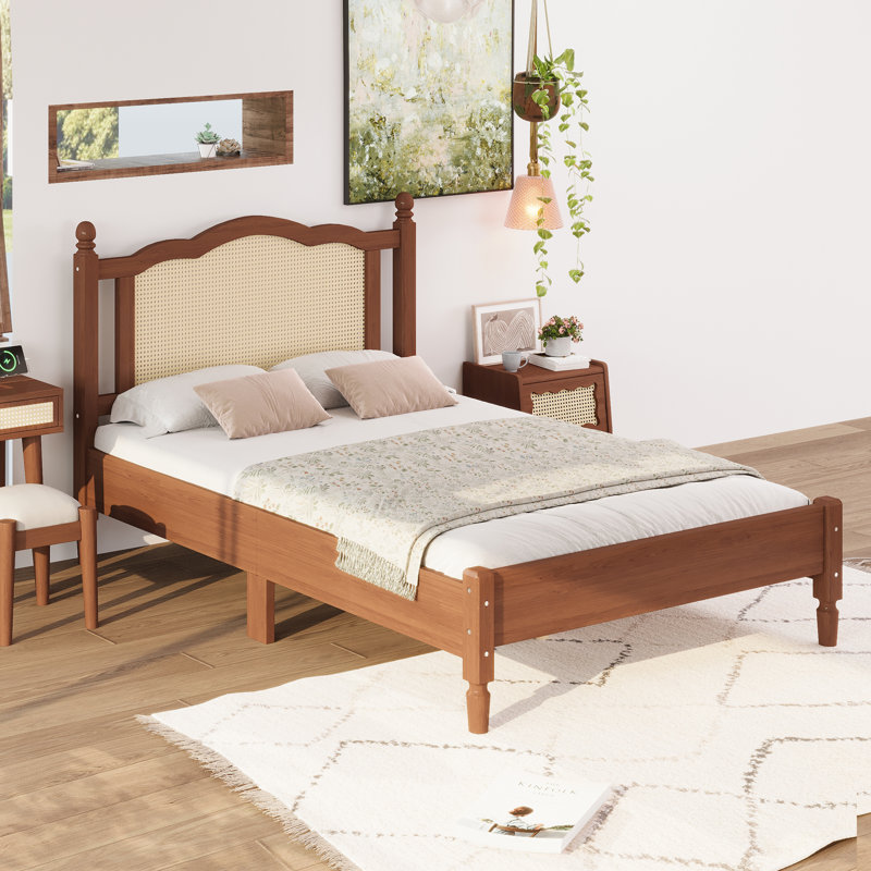 Wooden Platform Underbed Storage Bed with Natural Rattan Headboard, Minimalist Design, No Box Spring Needed, Full, Walnut