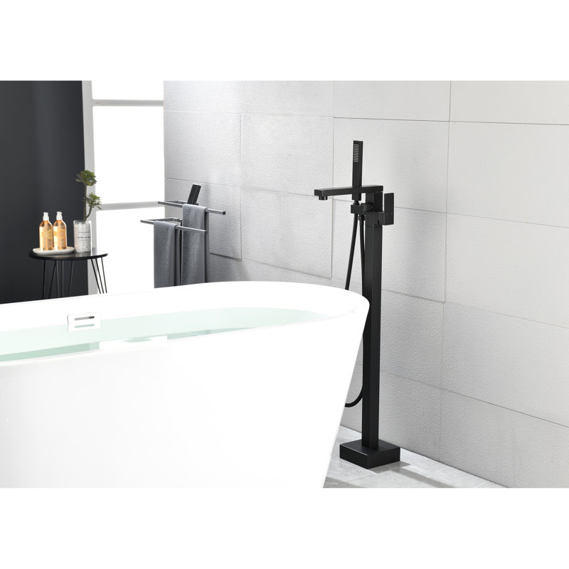 Robinet de baignoire noir mat - fixé au sol avec douche à main à haut débit et fonction de rotation réglable avec bec flexible