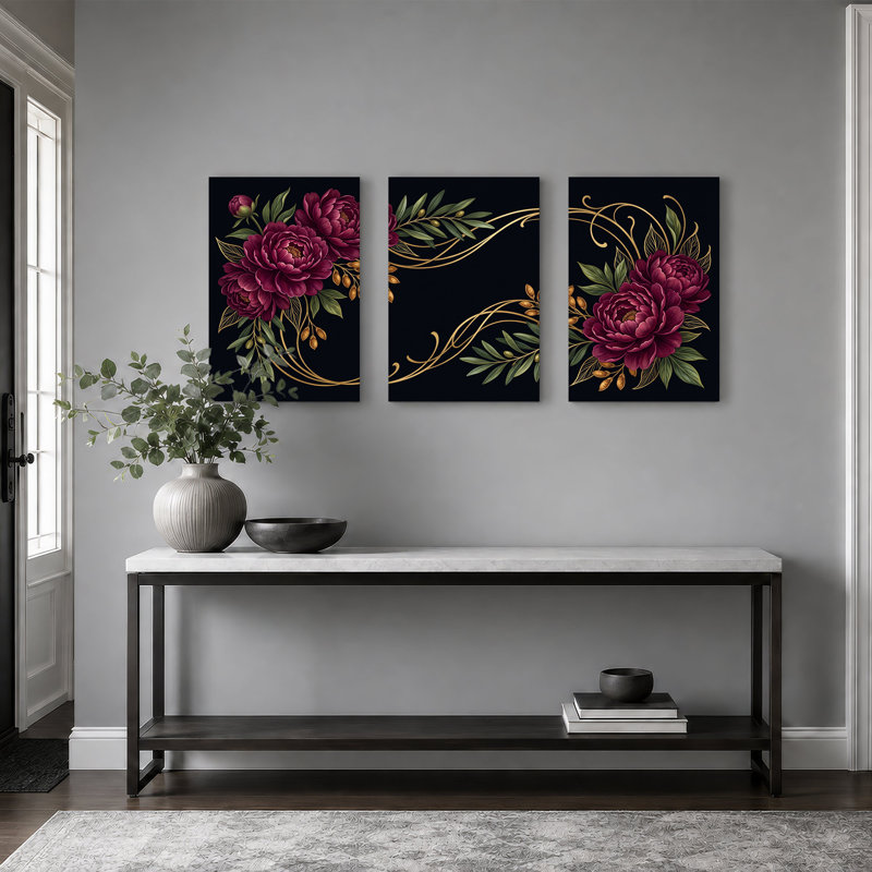 Pivoines bordeaux profondes avec décorations dorées, ensemble de 3 toiles, H 24 po x l 16 po x 3 pièces