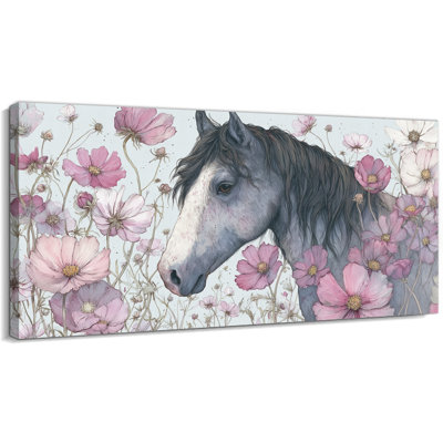 TIMUBA Horse Painting Canvas Wall Art, Pastel Floral Print Art, Serene Picture Wall Decor for Living Room Bedroom Office, Soft Pink Gallery Wrapped Artwork, Ready to Hang, 12×24 inches