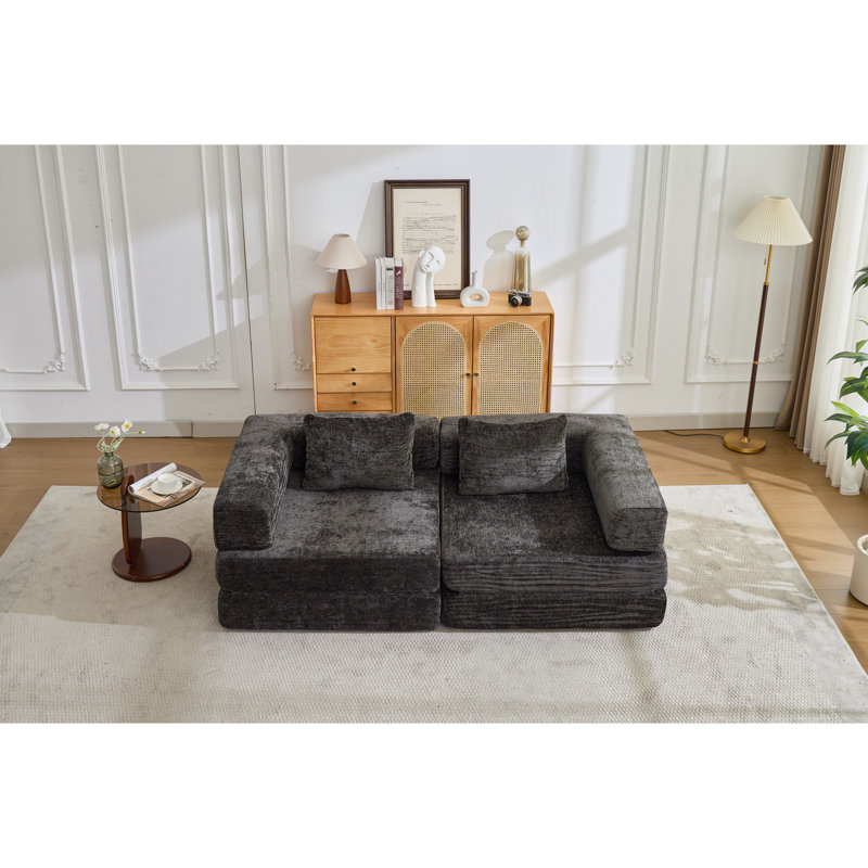 Lit de sol à compression à 2 places noir avec fonction convertible, chenille et sans assemblage pour la vie de dortoir modulaire en noir, diverses occasions