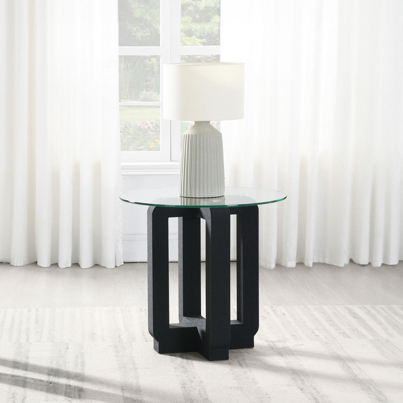 Chellsie Round Clear Glass Top Side End Table Black