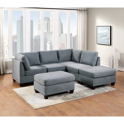 Modern Grey Linen Sectional With & 6 Seats For Home Style Contemporary L-Shaped In 6Pc