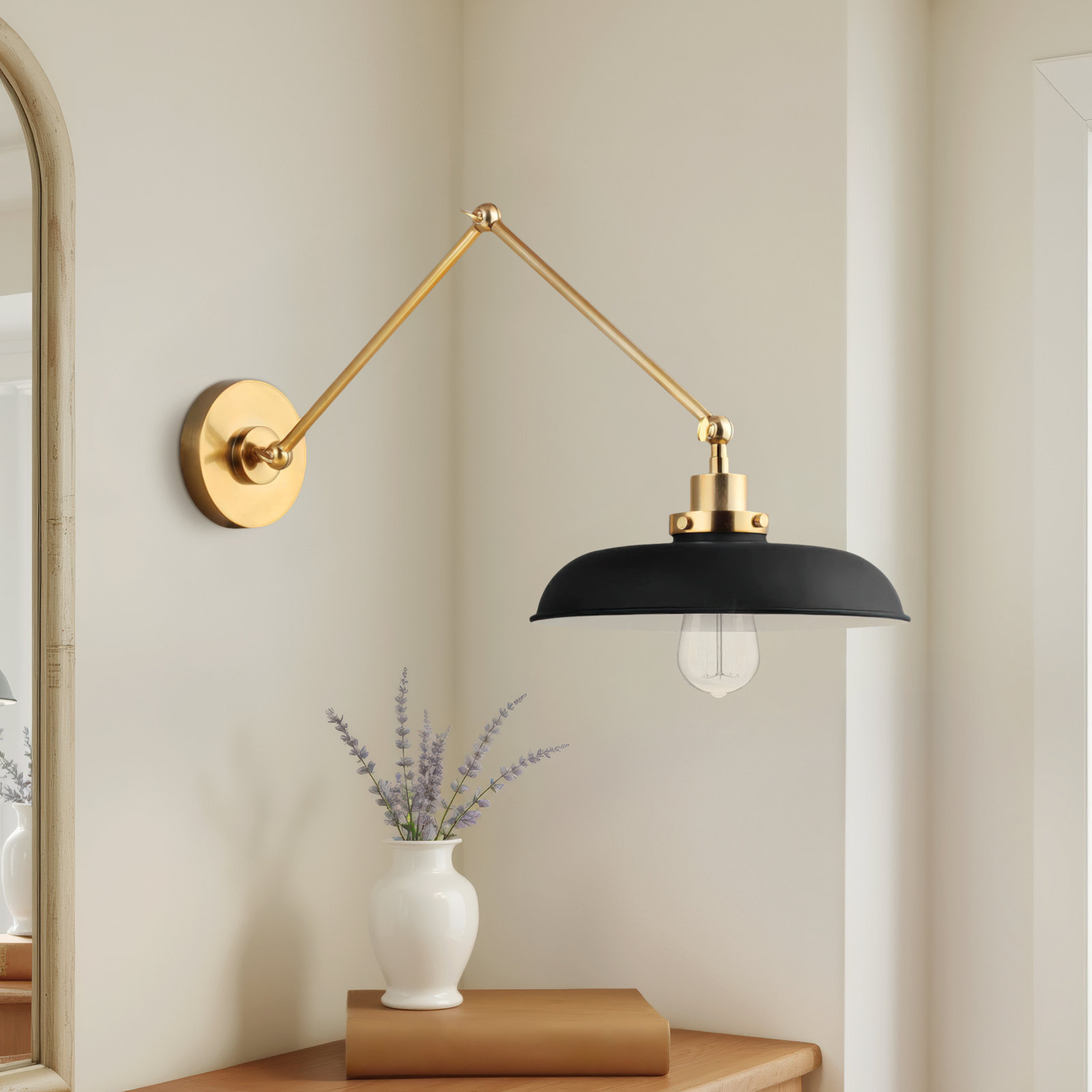 Single Light Armed Sconce, Burnished Brass, Midnight Black