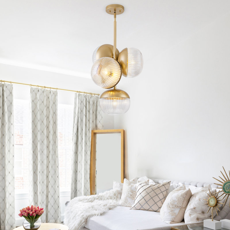 Luminaire suspendu en forme de globe 4 lumières, lustre Mid-Century doré avec verre nervuré, plafonnier convertible semi-encastré réglable