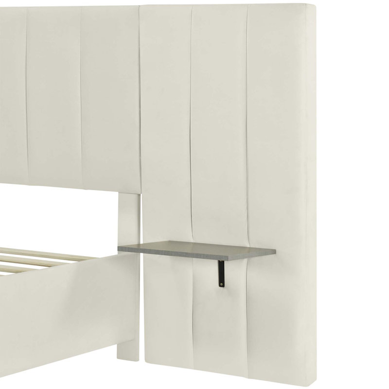Queen Size Upholstered Platform Bed With Big Headboard, Bedroom Furniture, Velvet, Beige