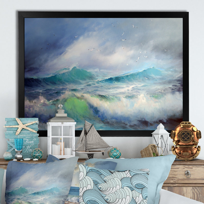 Vague et goélands - Reproduction d'art nautique et côtier sur toile, H 8 po x l 12 po x P 1,5 po