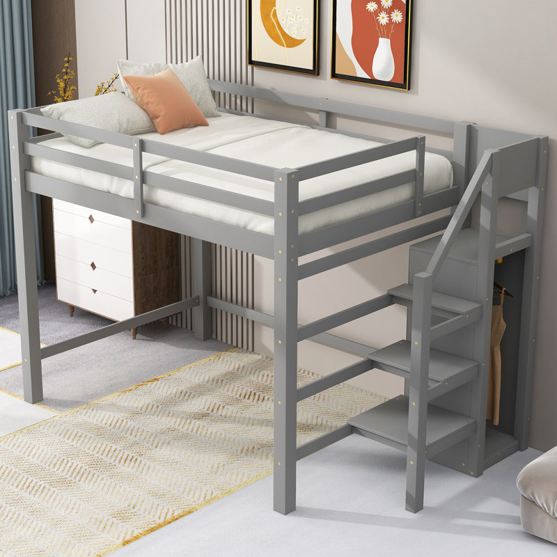 Lit mezzanine double avec rangement pour garde-robe et escalier peu encombrant, Gris