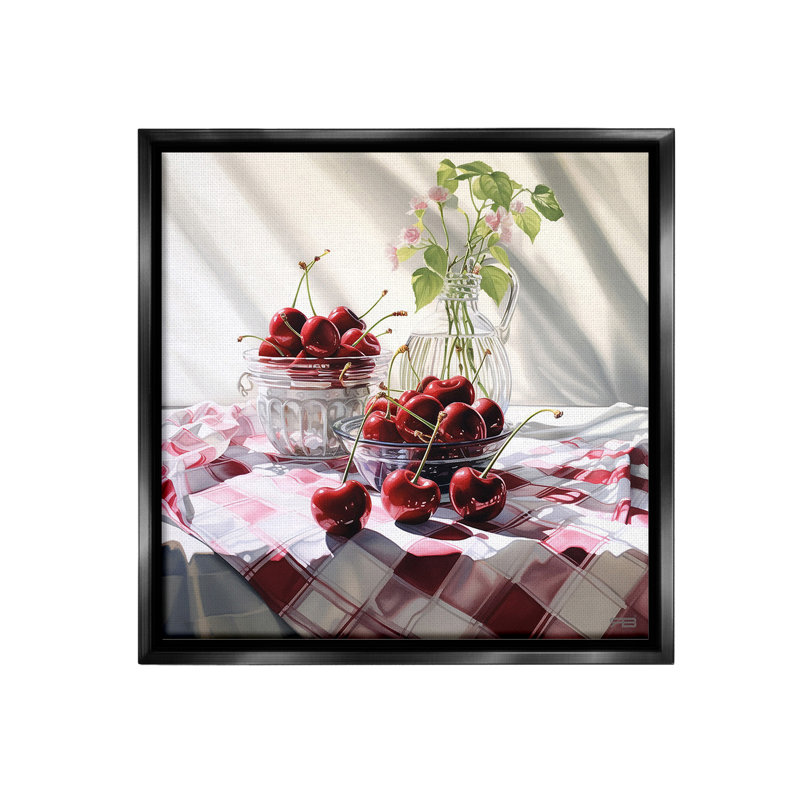 "Cherries and Botanicals" par RB sur toile, Cadre flottant noir de jais, H 18 po x l 18 po