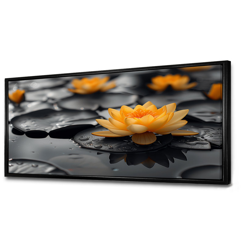Photo de lotus glamour jaune et jaune, H 28 po x l 60 po, Cadre flottant noir