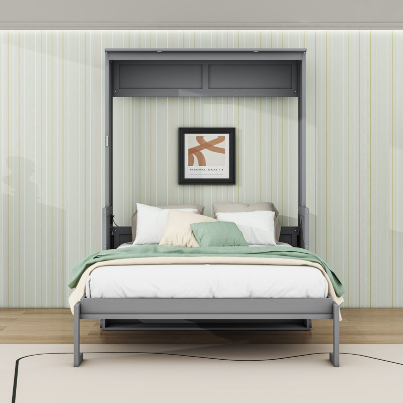 Grand lit escamotable en bois avec bureau, lumières DEL et station de charge, gris