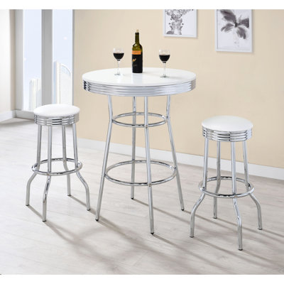 Table de bar des années 1950 avec plateau en stratifié blanc, tabourets pivotants sans dossier, tablier, style bistro rond de style salle à manger 3, configuration