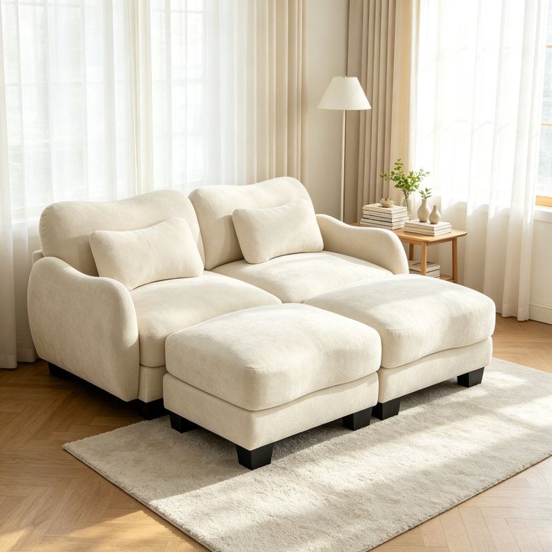 Canapé ergonomique courbé beige en chenille l 70,85 po avec coussins et 2 repose-pieds