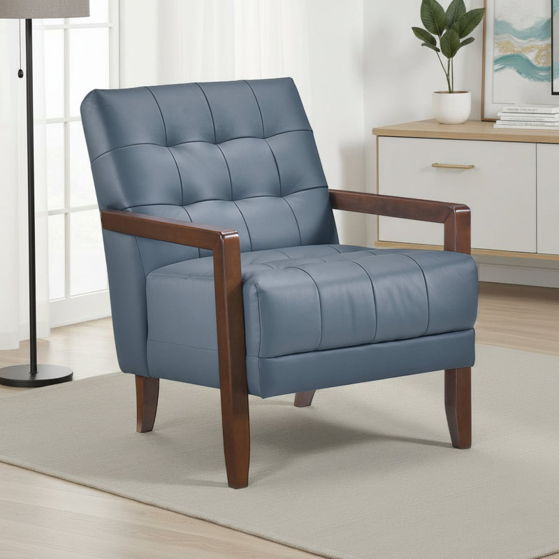 Velsen 26" Mid-Century Modern Accent Chair with Top Grain Leather, Solid Wood Arms, High-Density Foam over Pocket Coils