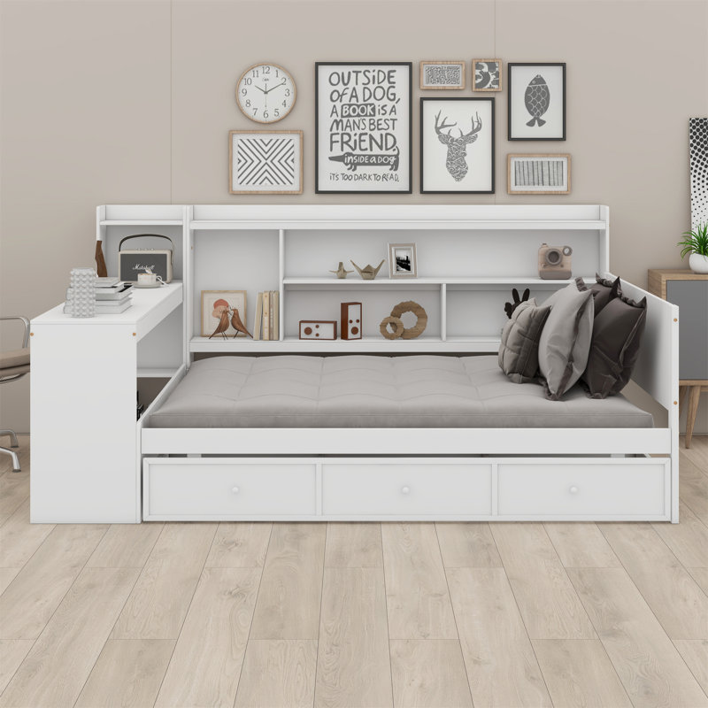 Lit de jour en bois avec 3 tiroirs, ports USB et bureau, Gris