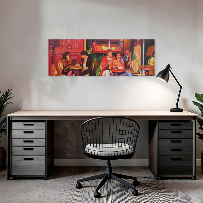 «Vibrant Cafe Scene», art mural contemporain, H 12 po x l 36 po