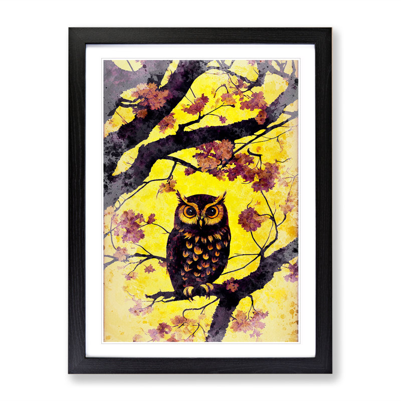 Owl At Sunset - Single Picture Frame Painting, Black, 64cm H x 46cm W x 2cm D