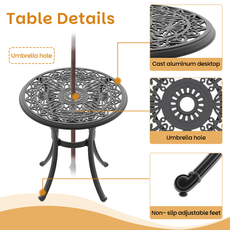 Table de salle à manger ronde de patio de 68 cm (26,77 po) avec cadre en fonte d'aluminium noire et trou pour parasol