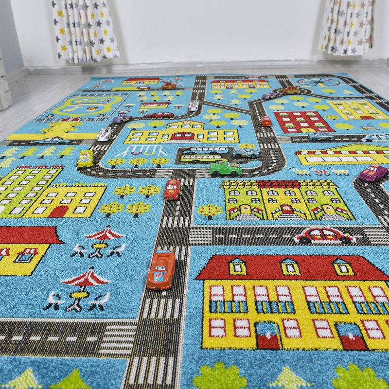 Tapis rectangulaire en polypropylène tissé à la machine en bleu / gris / vert / rouge, Rectangle 2 pi 7 po x 4 pi 11 po
