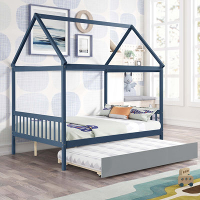 Lit double bleu marine avec couchette de couleur grise
