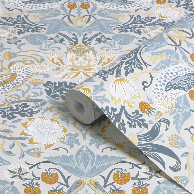 William Morris At Home Strawberry Thief Floral Wallpaper, Blue