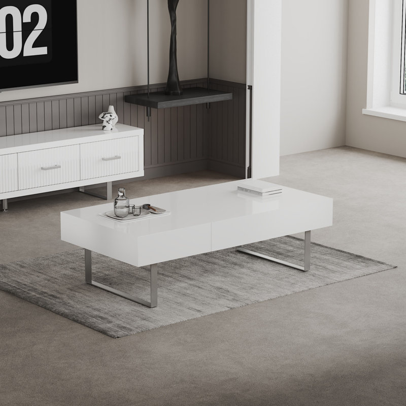 52.4"L Modern High Gloss Coffee Table – Hidden Storage Drawers, Stainless Steel Legs, White